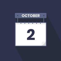 Icono del calendario del 2 de octubre. 2 de octubre calendario fecha mes icono vector ilustrador