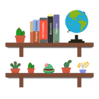 The wall shelf consists of business and financial books, cactus plants and miniature globes png