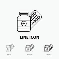 medicine. Pill. capsule. drugs. tablet Icon in Thin. Regular and Bold Line Style. Vector illustration