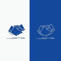 handshake. hand shake. shaking hand. Agreement. business Line and Glyph web Button in Blue color Vertical Banner for UI and UX. website or mobile application vector