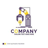 Company Name Logo Design For Automation. factory. hand. mechanism. package. Purple and yellow Brand Name Design with place for Tagline. Creative Logo template for Small and Large Business. vector