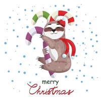 Cute sleepy sloth hugging candy cane and waiting for Christmas. Christmas illustration with a cute sloth and candy cane. Vector flat cartoon illustration of a sloth.