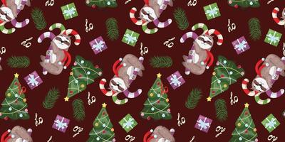 Seamless Christmas pattern with a sloth, candy canes, gift boxes, fir, Christmas tree on red dark background. For paper, wrapping paper, textile, packaging, backgrounds, cards. Vector pattern.