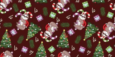 Seamless Christmas pattern with a sloth, candy canes, gift boxes, fir, Christmas tree on red dark background. For paper, wrapping paper, textile, packaging, backgrounds, cards. Vector pattern.