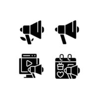 Effective advertising strategies black glyph icons set on white space. Unpaid marketing. Video content. Seasonal sales promotion. Silhouette symbols. Solid pictogram pack. Vector isolated illustration