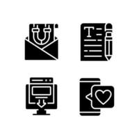 Create content for attract customers black glyph icons set on white space. Email marketing. Copywriting. Landing page. Feedback. Silhouette symbols. Solid pictogram pack. Vector isolated illustration