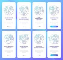 Saving accounts types blue gradient onboarding mobile app screen set. Money walkthrough 4 steps graphic instructions with linear concepts. UI, UX, GUI template. vector