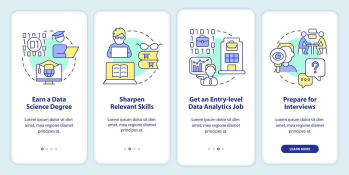 Becoming data scientist onboarding mobile app screen. Walkthrough 4 steps editable graphic instructions with linear concepts. UI, UX, GUI template. vector