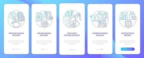 Types of saving accounts blue gradient onboarding mobile app screen. Banking walkthrough 5 steps graphic instructions with linear concepts. UI, UX, GUI template. vector