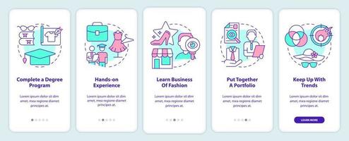 Becoming fashion designer onboarding mobile app screen. Walkthrough 5 steps editable graphic instructions with linear concepts. UI, UX, GUI template. vector