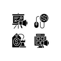 Internet marketing strategies black glyph icons set on white space. Pay per click. Best price for product. Online promotion. Silhouette symbols. Solid pictogram pack. Vector isolated illustration
