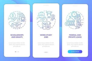 Financial aid blue gradient onboarding mobile app screen. Student support walkthrough 3 steps graphic instructions with linear concepts. UI, UX, GUI template. vector