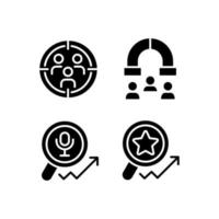 Audience research and analysis black glyph icons set on white space. Customer segmentation. Voice search. Attracting clients. Silhouette symbols. Solid pictogram pack. Vector isolated illustration