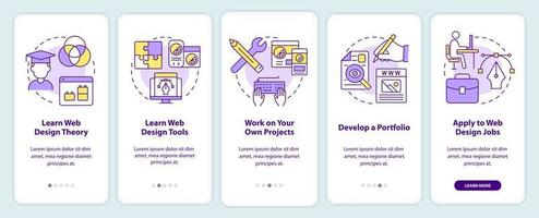 Becoming web designer onboarding mobile app screen. Walkthrough 5 steps editable graphic instructions with linear concepts. UI, UX, GUI template. vector