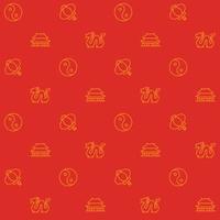 Chinese culture abstract seamless pattern. Editable vector shapes on red background. Trendy texture with cartoon color icons. Design with graphic elements for interior, fabric, website decoration