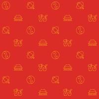 Chinese culture abstract seamless pattern. Editable vector shapes on red background. Trendy texture with cartoon color icons. Design with graphic elements for interior, fabric, website decoration