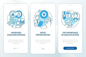 Executive coaching trends blue onboarding mobile app screen. Walkthrough 3 steps editable graphic instructions with linear concepts. UI, UX, GUI template. vector