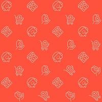 Online shopping abstract seamless pattern. Editable vector shapes on orange background. Trendy texture with cartoon color icons. Design with graphic elements for interior, fabric, website decoration