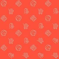 Online shopping abstract seamless pattern. Editable vector shapes on orange background. Trendy texture with cartoon color icons. Design with graphic elements for interior, fabric, website decoration