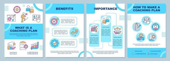 What is coaching plan blue brochure template. Team building. Leaflet design with linear icons. Editable 4 vector layouts for presentation, annual reports.