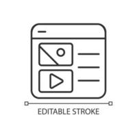 Website with multimedia elements linear icon. Site with videos and images. Multimedia resources. Thin line illustration. Contour symbol. Vector outline drawing. Editable stroke.