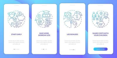 Tips for saving for college blue gradient onboarding mobile app screen. Walkthrough 4 steps graphic instructions with linear concepts. UI, UX, GUI template. vector