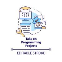 Take on programming projects concept icon. Steps to become software engineer abstract idea thin line illustration. Isolated outline drawing. Editable stroke. vector