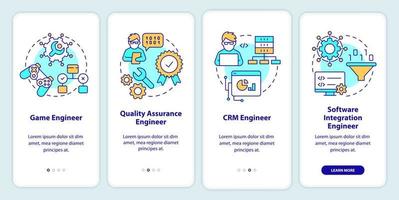 Software engineer paths onboarding mobile app screen. Walkthrough 4 steps editable graphic instructions with linear concepts. UI, UX, GUI template. vector