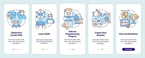 Steps to become software engineer onboarding mobile app screen. Walkthrough 5 steps editable graphic instructions with linear concepts. UI, UX, GUI template. vector