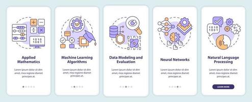 Machine learning engineer skills onboarding mobile app screen. Walkthrough 5 steps editable graphic instructions with linear concepts. UI, UX, GUI template. vector