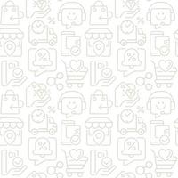 Shopping service abstract seamless pattern. Editable vector shapes on white background. Trendy texture with cartoon color icons. Design with graphic elements for interior, fabric, website decoration