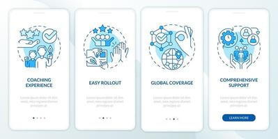 Business coaching platform benefits blue onboarding mobile app screen. Walkthrough 4 steps editable graphic instructions with linear concepts. UI, UX, GUI template. vector