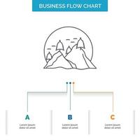 hill. landscape. nature. mountain. sun Business Flow Chart Design with 3 Steps. Line Icon For Presentation Background Template Place for text vector