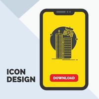 building. smart city. technology. satellite. corporation Glyph Icon in Mobile for Download Page. Yellow Background vector