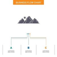 Cerro. paisaje. naturaleza. montaña. diseño de diagrama de flujo de negocios de sol con 3 pasos. icono de glifo para el lugar de plantilla de fondo de presentación para texto. vector