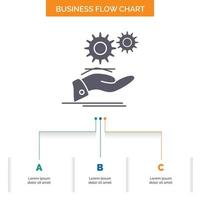 solution. hand. idea. gear. services Business Flow Chart Design with 3 Steps. Glyph Icon For Presentation Background Template Place for text. vector