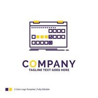 Company Name Logo Design For Calendar. date. event. release. schedule. Purple and yellow Brand Name Design with place for Tagline. Creative Logo template for Small and Large Business. vector