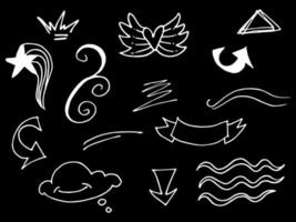 Doodle elements for concept design on set. isolated on black background. Infographic elements. Emphasis, curly swishes, swoops, swirl, arrow. vector illustration