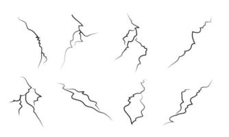 hand drawn cracked glass, wall, ground. lightning storm effect. doodle break set. vector illustration