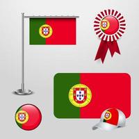 bandera del país de portugal colgada en el poste. bandera de la insignia de la cinta. gorra deportiva y botón redondo vector