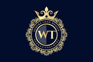 WT Initial Letter Gold calligraphic feminine floral hand drawn heraldic monogram antique vintage style luxury logo design Premium Vector