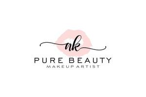 Initial AK Watercolor Lips Premade Logo Design, Logo for Makeup Artist Business Branding, Blush Beauty Boutique Logo Design, Calligraphy Logo with creative template. vector