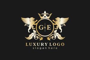 Initial GE Letter Lion Royal Luxury Logo template in vector art for Restaurant, Royalty, Boutique, Cafe, Hotel, Heraldic, Jewelry, Fashion and other vector illustration.