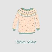 Vector illustration of woolen pullover with Nordic ornament. Cute warm knitwear for winter days. Good for greeting cards, textile prints.