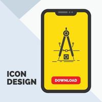 diseño. medida. producto. refinamiento. icono de glifo de desarrollo en el móvil para la página de descarga. fondo amarillo vector