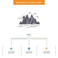 Nature. hill. landscape. mountain. water Business Flow Chart Design with 3 Steps. Glyph Icon For Presentation Background Template Place for text. vector