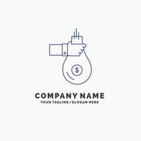 Bag. finance. give. investment. money. offer Purple Business Logo Template. Place for Tagline vector
