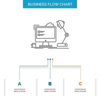 lugar de trabajo. puesto de trabajo. oficina. lámpara. diseño de diagrama de flujo de negocios informáticos con 3 pasos. icono de línea para el lugar de plantilla de fondo de presentación para texto vector