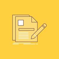 document. file. page. pen. Resume Flat Line Filled Icon. Beautiful Logo button over yellow background for UI and UX. website or mobile application vector