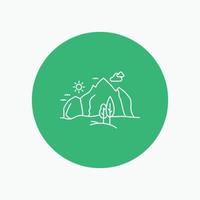 Cerro. paisaje. naturaleza. montaña. icono de línea blanca de árbol en el fondo del círculo. ilustración de icono de vector